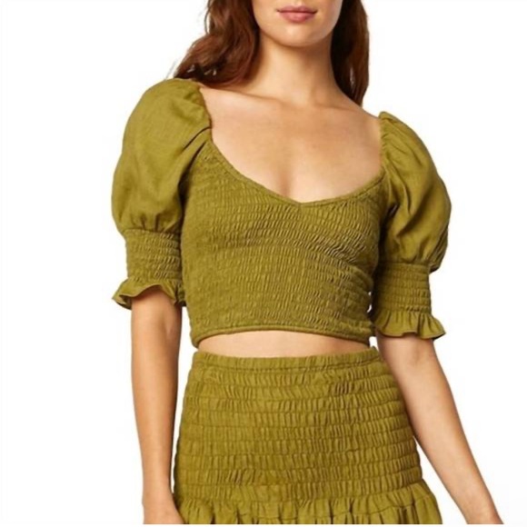 MISA LOS ANGELES Tops - MISA Los Angeles Calla Smocked Puff Sleeve Crop Top Olive XS NWT